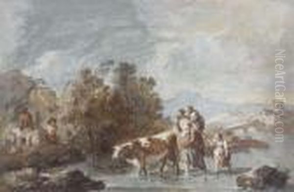 A Family Crossing A Stream With A Cow Oil Painting by Giuseppe Bernardino Bison