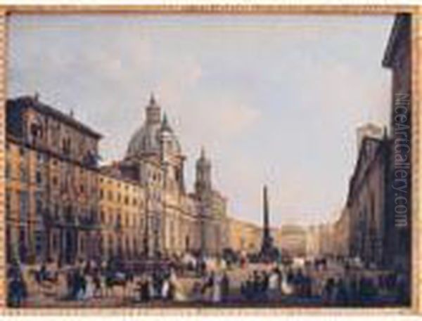 Roma, Veduta Di Piazza Navona Con Figure Eleganti Oil Painting by Giuseppe Bernardino Bison