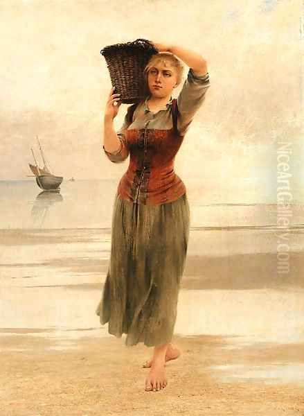 The fisherman's daughter Oil Painting by August Wilhelm Nikolaus Hagborg