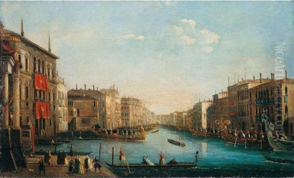 Venice, A View Of The Grand Canal With A Regatta Oil Painting by Giuseppe Bernardino Bison