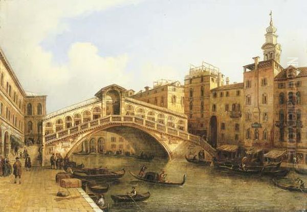 A View Of The Rialto Bridge, Venice Oil Painting by Giuseppe Bernardino Bison