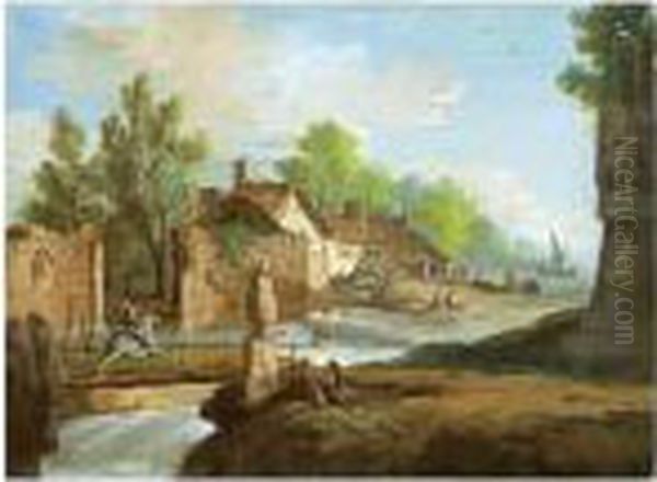 A River With Small Waterfalls Winding Through A Village Past A Ruined Wall Oil Painting by Giuseppe Bernardino Bison