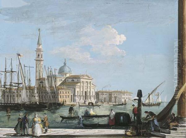 A View Of San Giorgio Maggiore, 
Venice, With A British Shipentering The Bacino Di San Marco Oil Painting by Giuseppe Bernardino Bison