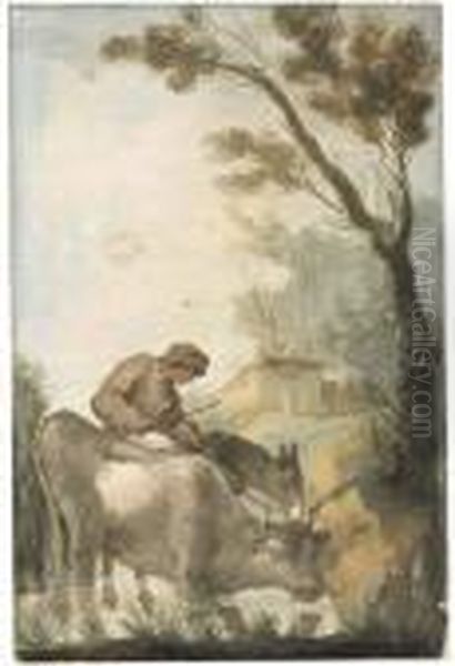 A Shepherd Crossing A Ford With A Cow And A Donkey, A Farmhousebeyond Oil Painting by Giuseppe Bernardino Bison