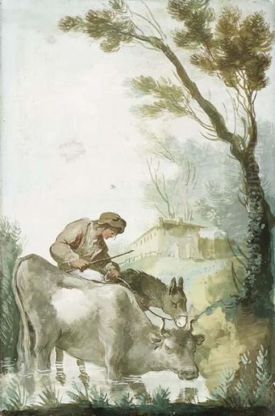 A Shepherd Crossing A Ford With A Cow And A Donkey Oil Painting by Giuseppe Bernardino Bison