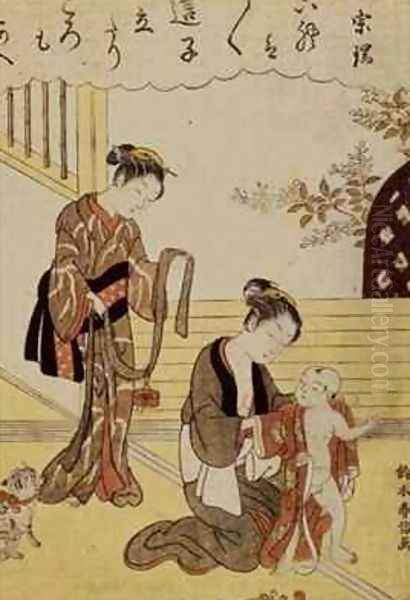 A mother dressing her young son in a kimono Oil Painting by Suzuki Harunobu