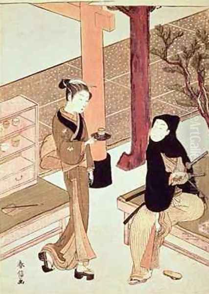 Osen of the Kagiya serving tea to a customer Oil Painting by Suzuki Harunobu