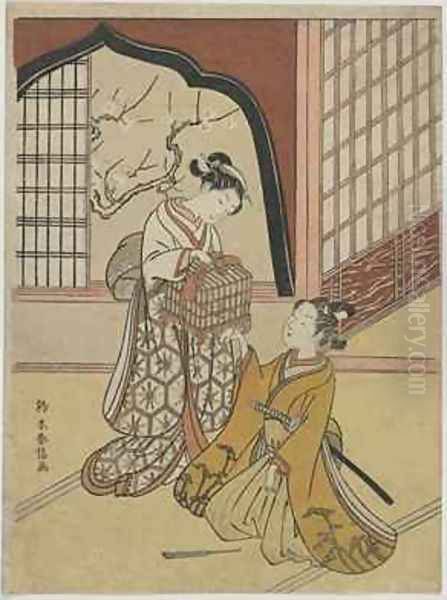 Lovers with a Bird Cage Oil Painting by Suzuki Harunobu