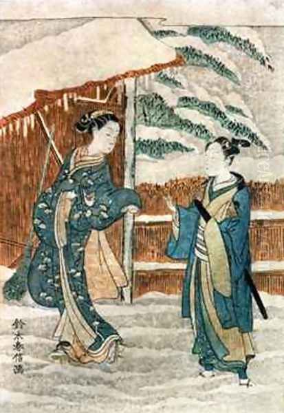 Two Ladies by a pond Oil Painting by Suzuki Harunobu