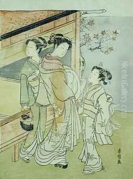 A Lady and Her Attendant Meet a Messenger Oil Painting by Suzuki Harunobu