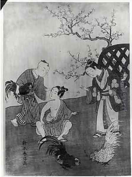 The Cockfight Oil Painting by Suzuki Harunobu