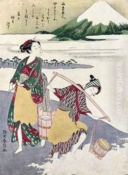 Salt Maidens on the Tago no ura Beach with Mt Fuji Behind Oil Painting by Suzuki Harunobu