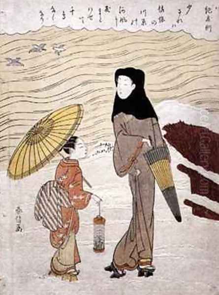 Lady and Maid Walking by a River Oil Painting by Suzuki Harunobu