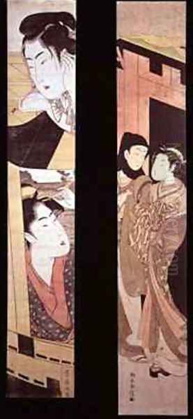 The Assignation Two Lovers at a Gate Oil Painting by Suzuki Harunobu