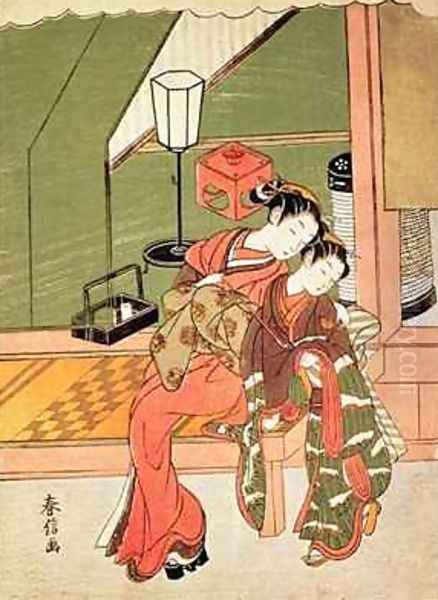 Courtesan with her attendant Oil Painting by Suzuki Harunobu