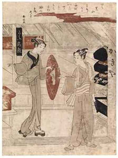 Young man being handed his sedge hat Oil Painting by Suzuki Harunobu