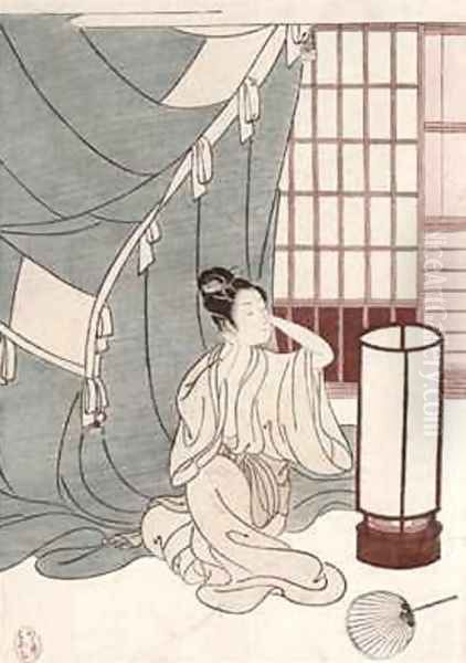 Young woman kneeling by her mosquito net Oil Painting by Suzuki Harunobu