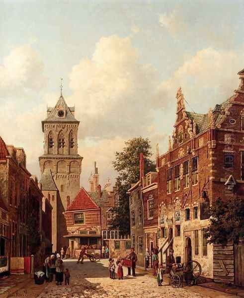 A Busy Street In A Town Oil Painting by Willem De Haas Hemken