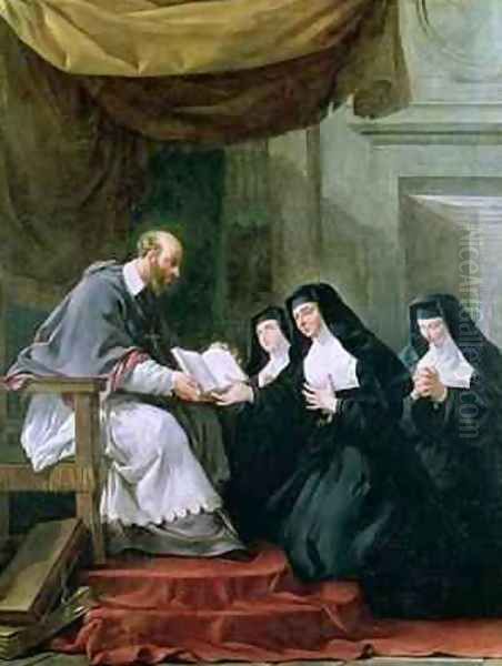 St Francois de Sales 1567-1622 Giving the Rule of the Visitation to St Jeanne de Chantal 1572-1641 Oil Painting by Noel Halle