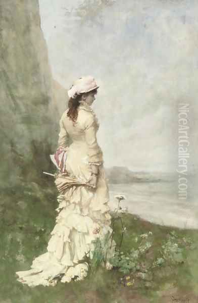 An elegant lady by the sea Oil Painting by Ferdinand Heilbuth