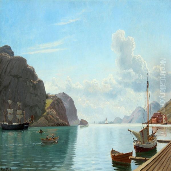 Norwegian Inlet With Boats On Calm Water Oil Painting by Christian Vigilius Blache