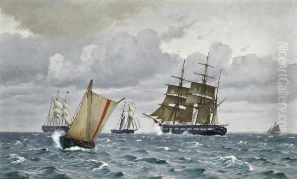 Trading Vessels Off The Danish Coast Oil Painting by Christian Vigilius Blache