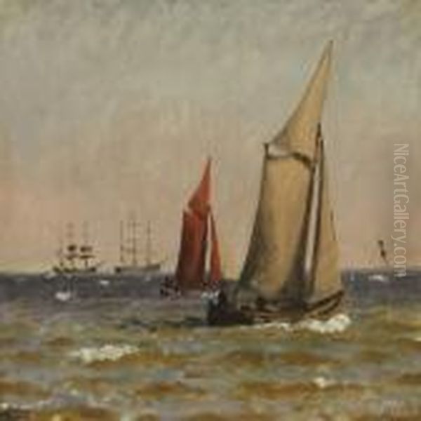 Ships At The Sea Oil Painting by Christian Vigilius Blache