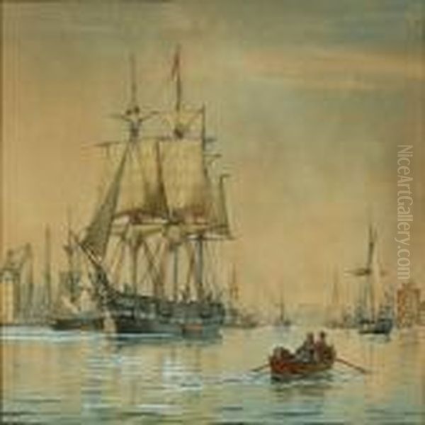 View Of Copenhagen Harbour With Numerous Sailing Ships Oil Painting by Christian Vigilius Blache