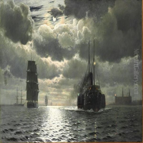 Moonlight In Oresund Near Kronborg Oil Painting by Christian Vigilius Blache