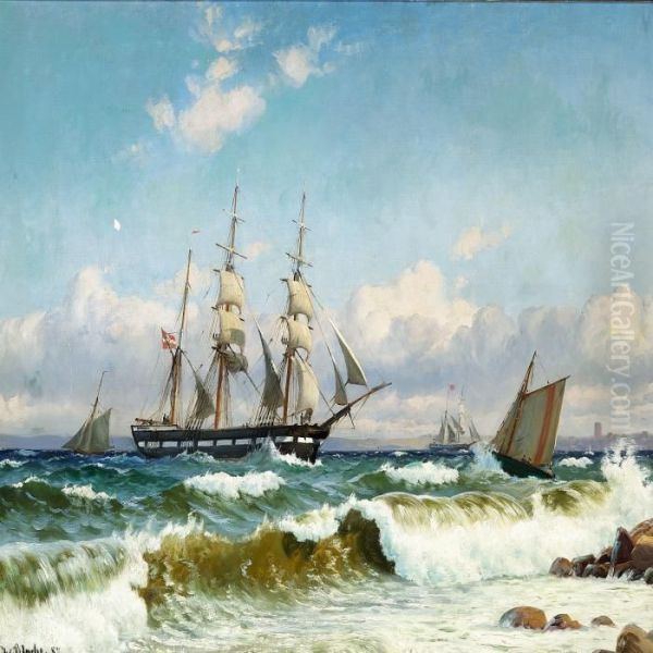 Bark And Pilot Boat Off The Coast In Stormy Weather Oil Painting by Christian Vigilius Blache