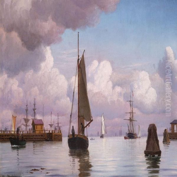 Harbour Scene With Pier Oil Painting by Christian Vigilius Blache