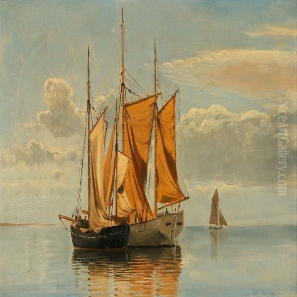 Seascape With Sailing Ships At Lynaes, Denmark Oil Painting by Christian Vigilius Blache