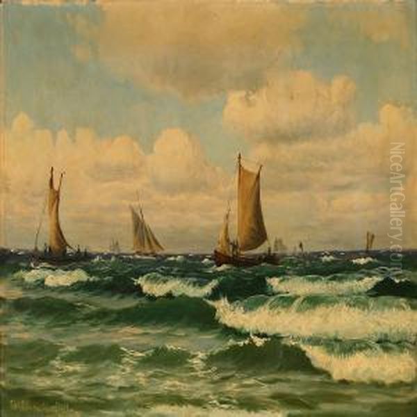 Seascape Withsailing Ships Off The Coast Of Kullen, Sweden Oil Painting by Christian Vigilius Blache