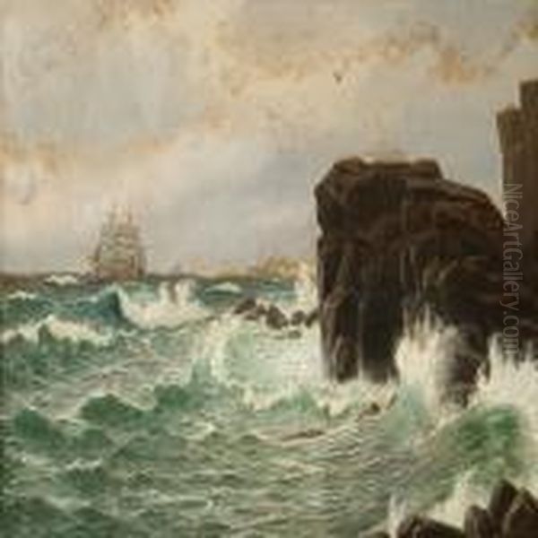 Rocky Shore With Tall Waves Oil Painting by Christian Vigilius Blache