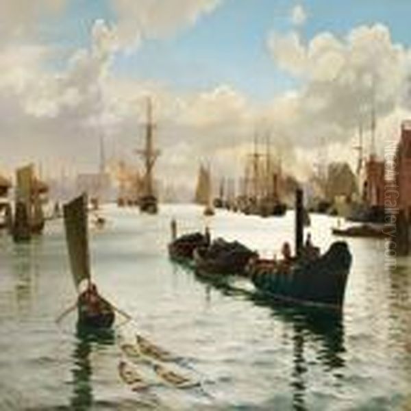 Havnen Set Fra Brohovedet Pa Den Ostlige Side Af Bomlobet Oil Painting by Christian Vigilius Blache