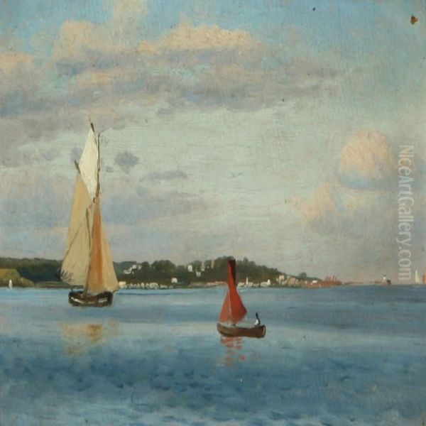 Sailing Boats Alongthe Coast Of Sealand Oil Painting by Christian Vigilius Blache