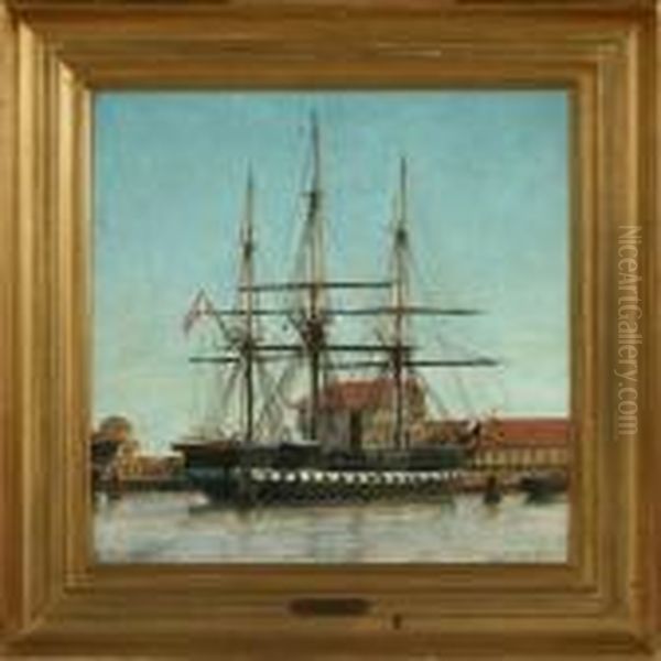 The Danish Frigateniels Juel At The Quay Oil Painting by Christian Vigilius Blache