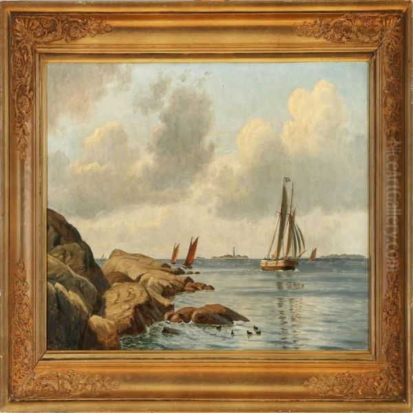 Marine With Sailingships Near The Coast Oil Painting by Christian Vigilius Blache