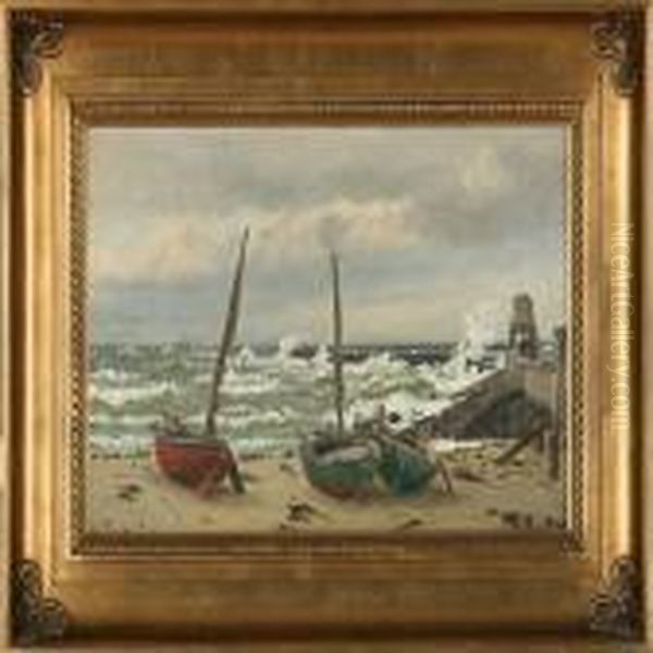 Fishing Boats On The Beach At Hirtshal Oil Painting by Christian Vigilius Blache