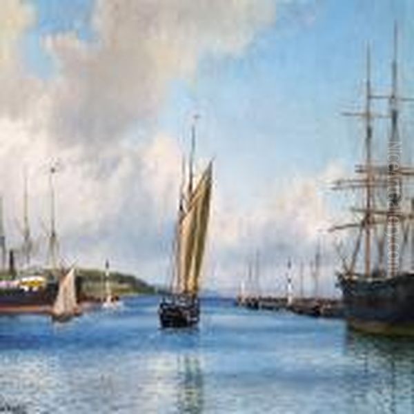 View Of Arhus Harbour Towards Kalo Vig Oil Painting by Christian Vigilius Blache