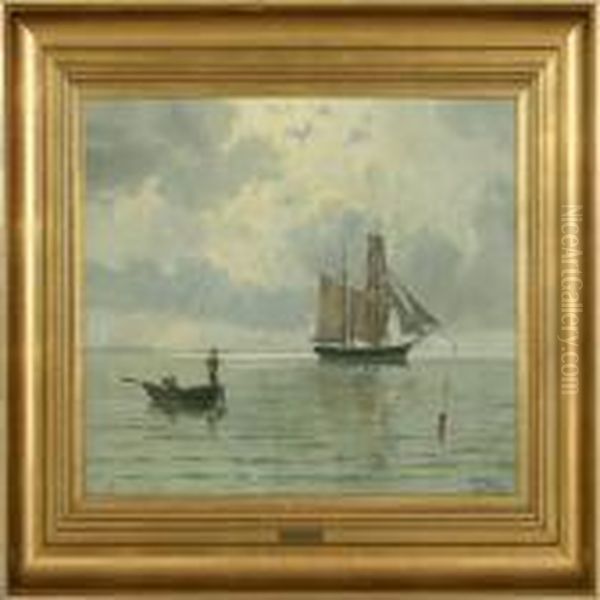 Seascape With Sailingship And Rowing Boat Oil Painting by Christian Vigilius Blache