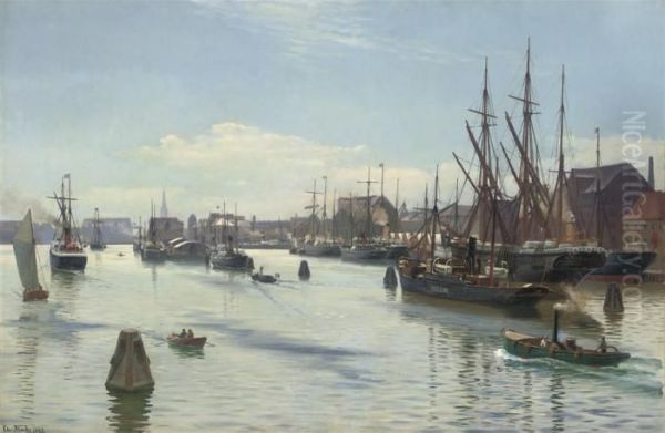 Shipping In The Harbour At Copenhagen, Denmark Oil Painting by Christian Vigilius Blache