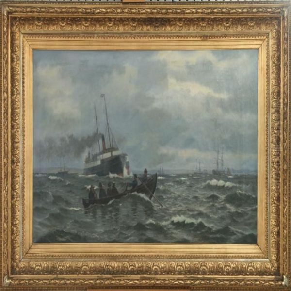 Seascape With Steamer, Hornbaek Oil Painting by Christian Vigilius Blache