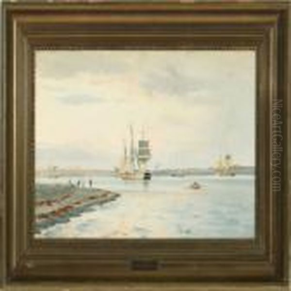 Coastal Scenery With A Norwegian Ship Of The Line Oil Painting by Christian Vigilius Blache