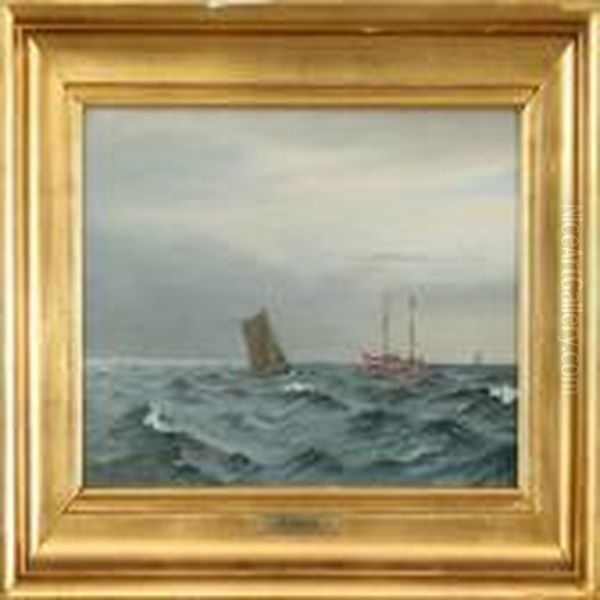 Boats In Open Sea, Evening Oil Painting by Christian Vigilius Blache