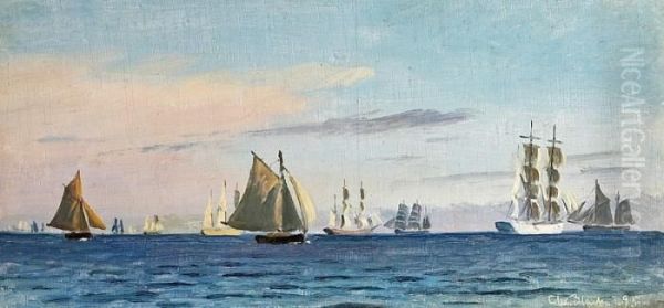 Numerous Sailing Ships On Quite Waters. Signed Chr. Blache 95 Oil Painting by Christian Vigilius Blache