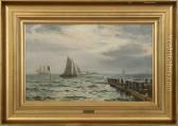 Seascape With Sailing Ships. Signed Chr. Blache, Dragor 95 Oil Painting by Christian Vigilius Blache