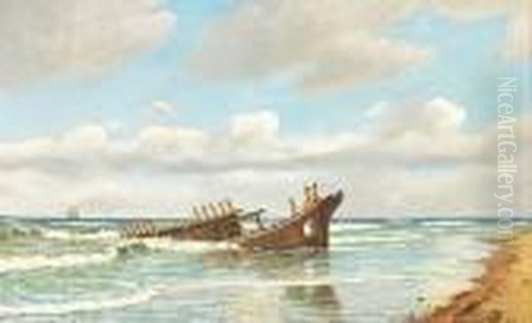 Beach Scenery With A Ship Wreck Oil Painting by Christian Vigilius Blache