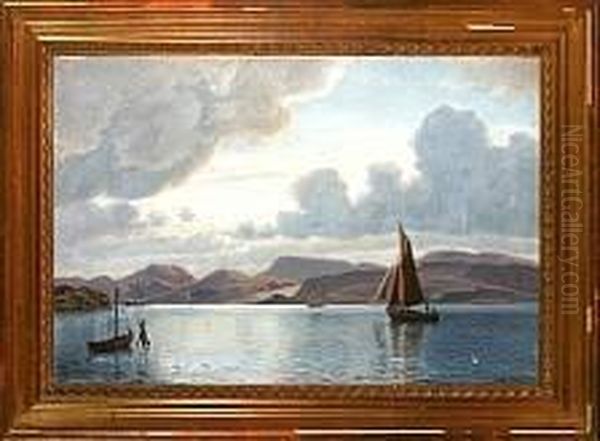 An Marine With Sailing Ships, Presumeably By The Icelandic Coast Oil Painting by Christian Vigilius Blache