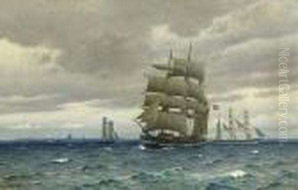 A Norwegian Windjammer And Other Commercial Sailing Vessels Off Copenhagen Oil Painting by Christian Vigilius Blache